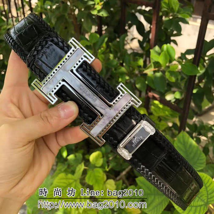 愛馬仕HERMES 純手工編織美洲鱷魚無拼接肚皮 高端男士皮帶 HHG1570